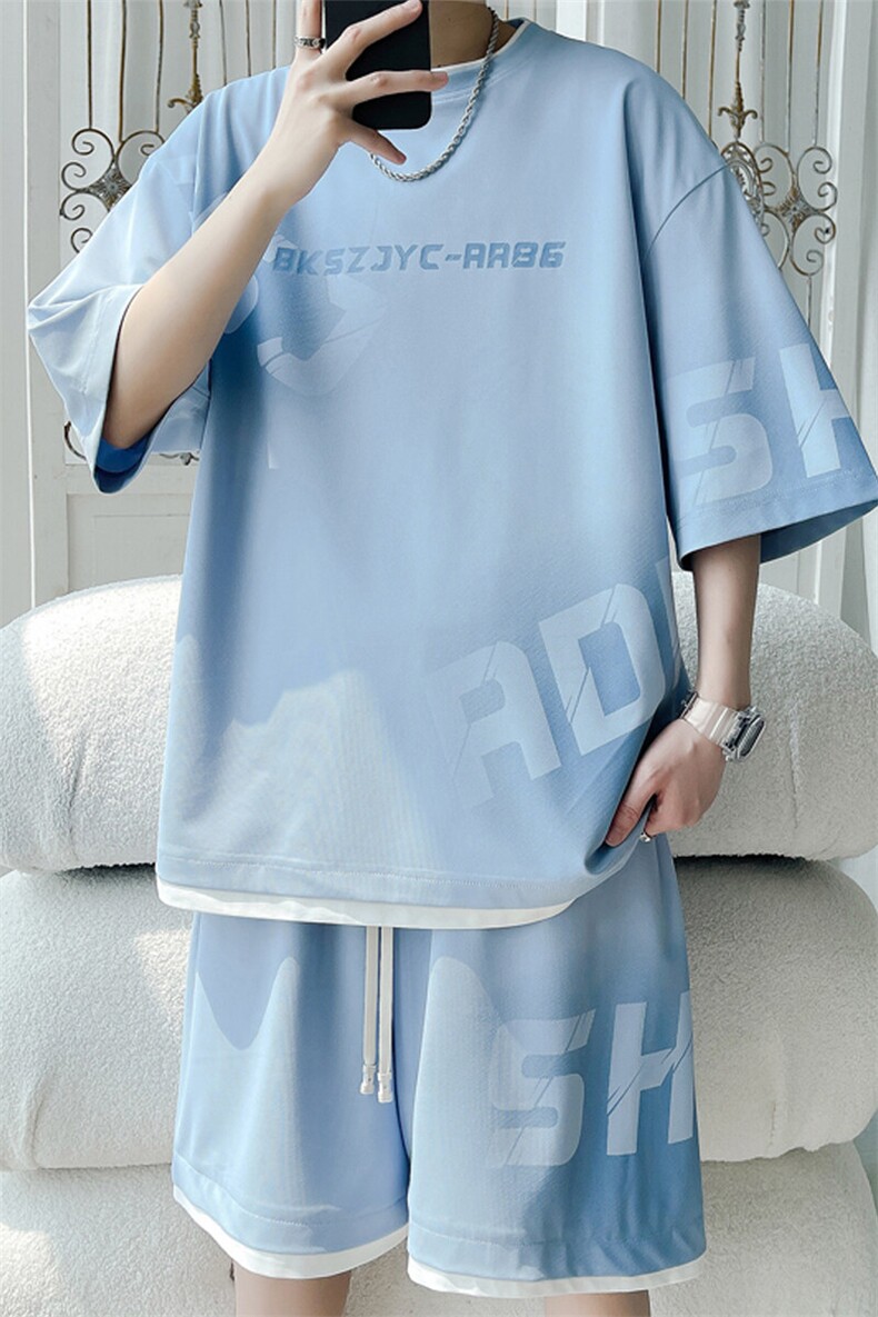 2025夏季新款旋律风车大码假两件冰丝套装M-5XHQ25443-P65,男装休闲套装,电商A022