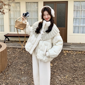 针织拼接短款羽绒服女冬新款设计感减龄巨好看新90保暖白鸭绒外套图片