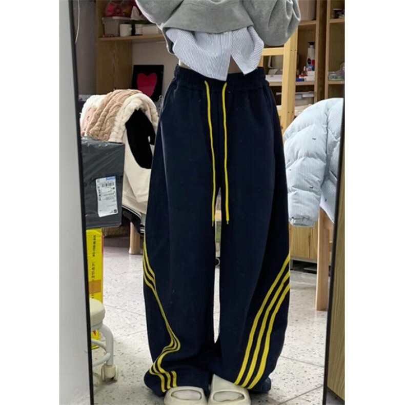 三条杠条纹撞色阔腿弯刀裤子男女春设计感宽松运动卫裤 KB883图片