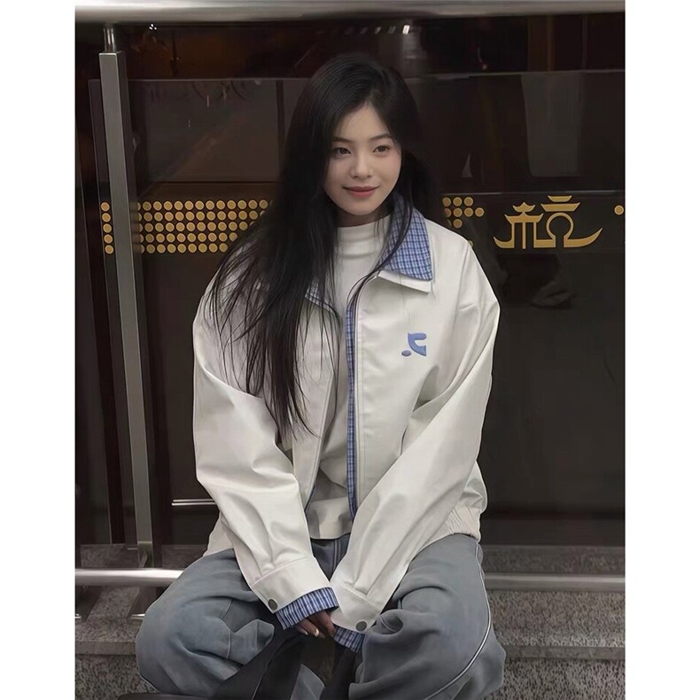 美式复古假两件格子拼接皮衣夹克男女2025春秋冬新款宽松休闲外套图片