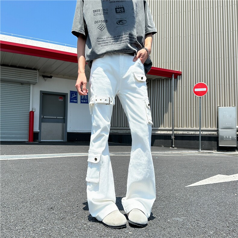 夏季绑带微喇牛仔裤男cleanfit美式高街vibe喇叭修身工装N165-P53,男装牛仔裤,星座308B-2