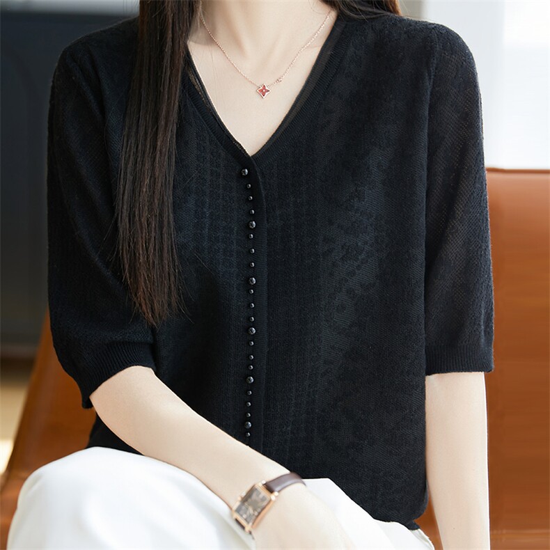 V领精纺羊毛针织五分袖上衣女蕾丝镂空钉珠短袖T恤宽松提花打底衫,针织衫/毛衣,唐诺