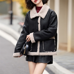 皮毛一体仿羊羔毛外套女短款2024新款秋冬季加绒机车服加厚皮夹克图片