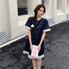 深蓝色木耳边连衣裙女夏新款小个子轻薄学院风减龄休闲显瘦a字裙，女装连衣裙，2C120