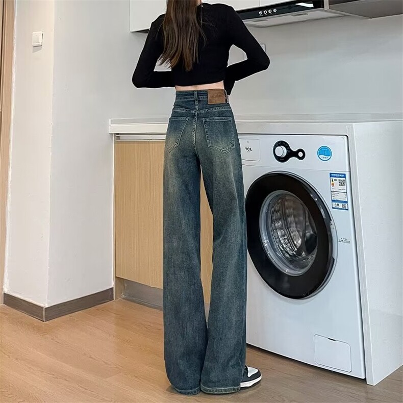 水洗高腰常规直筒裤复古直筒牛仔裤女秋冬加绒阔腿裤长裤抗菌微弹,男装牛仔裤,星座506A
