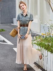 周章章"洛米娜"重工压褶雪纺半身裙女高腰显瘦温柔百搭垂感长裙子，女装套装/套裙，曼娅璐