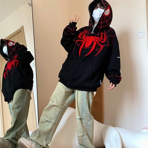 美式复古春秋季蜘蛛刺绣拉链开衫连帽潮情侣卫衣男百搭休闲外套图片