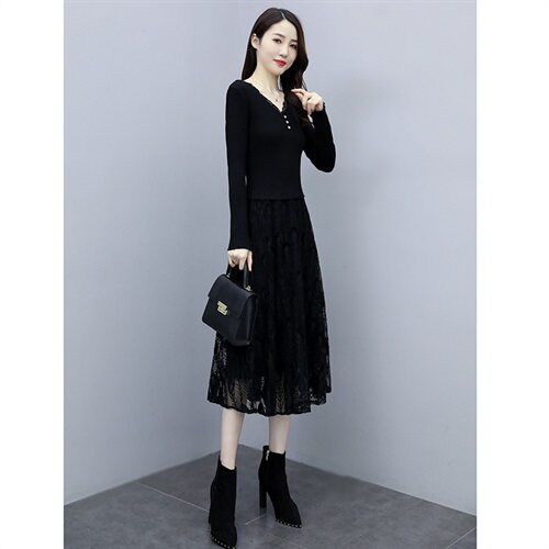 2023秋季新款V领针织3颗扣线衣配蕾丝长款打底连衣裙，女装连衣裙，安之芮娜