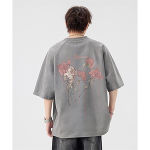 新款美式潮流麂皮绒短袖t恤大码宽松港风情侣半袖上衣H9927-P28图片