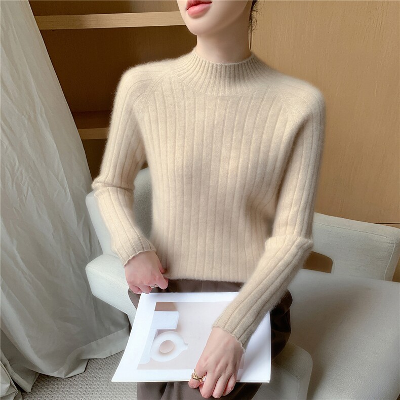 2025年秋季新款百搭女士12针宽抽条半高,女装羊绒衫,百越羊绒