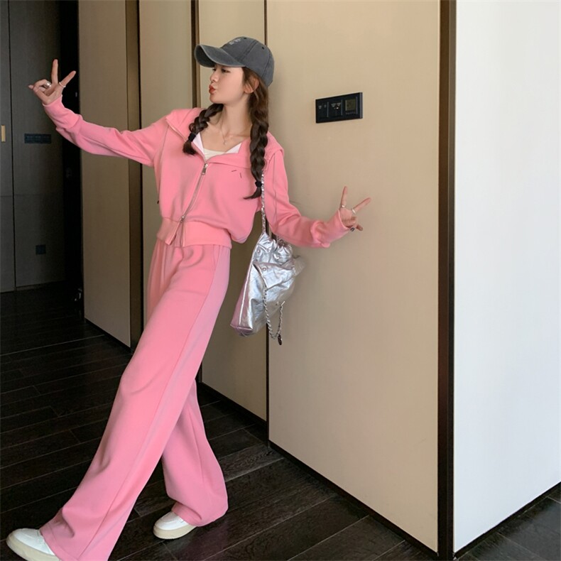2025春秋新款chic港风粉色连帽卫衣裤子休闲时尚运动女，女装运动套装，帛香坊