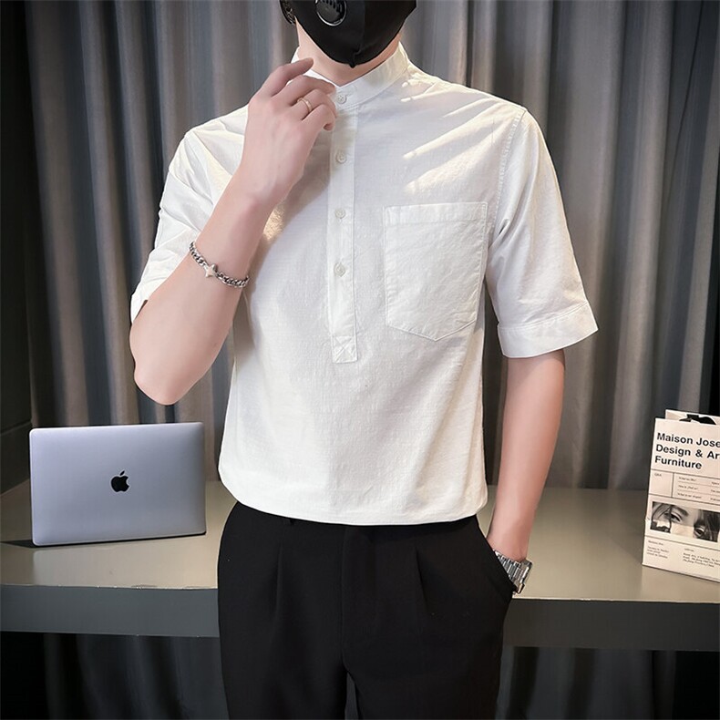夏季男士七分袖麻料立领衬衫男休闲修身休闲衬衣A236-C666-P55,男装衬衫,电商A236