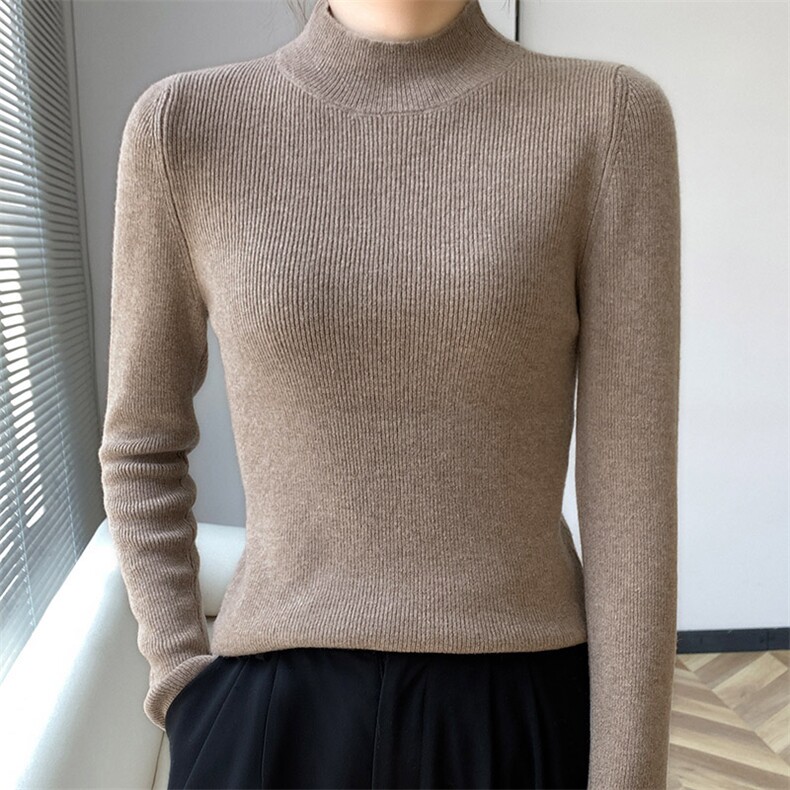 通勤简约小立领修身坑条打底衫女半高领内搭针织衫毛衣保暖上衣冬,女装羊毛衫,丹芙娇羊绒