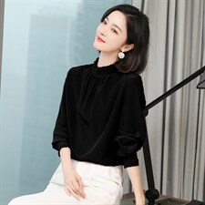 立领雪纺衬衫女长袖春季修身气质白色套头高贵优雅打底加绒上衣，女装衬衫，阿舍尔精品