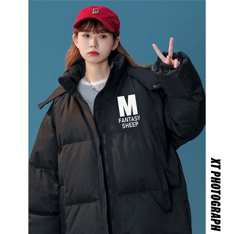 中性风22冬季潮流设计感M印花加厚连帽面包服棉衣MY204P115控158图片