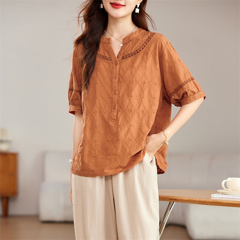 全棉提花重工刺绣宽松显瘦短袖衬衫623，女装衬衫，3200格调