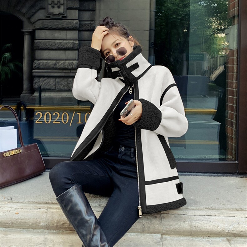 羊羔毛麂皮绒皮毛一体外套女2025年冬新款中长款毛毛上衣机车服女,女装短外套,帛香坊