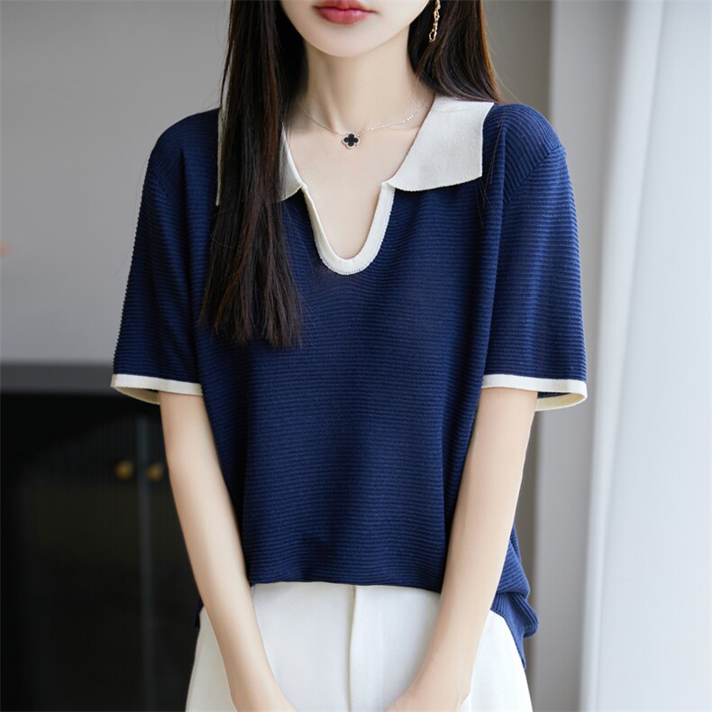 夏季新款简约百搭剪刀翻领短袖，女装T恤，源达羊绒