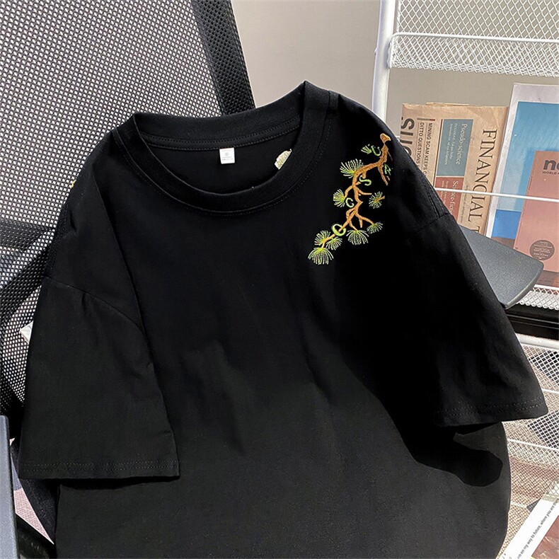 万针全刺绣工艺高品质260克双纱纯棉美式高街罗汉松短袖T恤特P33,男装T恤,电商A486