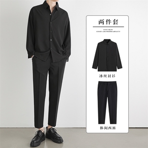 西装九分西裤男长裤宽松韩版港风休闲裤青少年长袖衬衫套装两件套图片