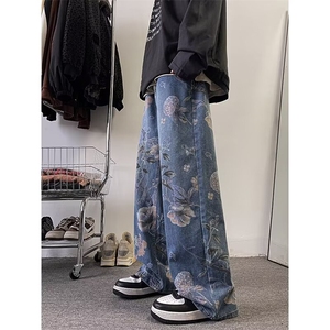 美式印花牛仔裤男春秋季潮牌嘻哈情侣裤子痞帅宽松阔腿拖地裤图片