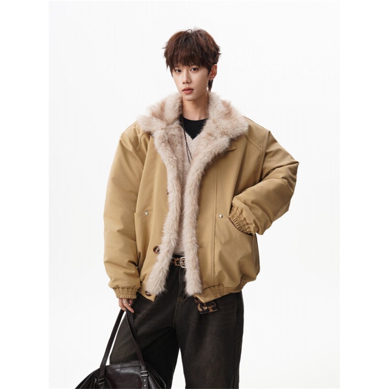 1506/QM60660/P103新年红工装毛领肌理感夹克棉服保暖立领外套冬图片