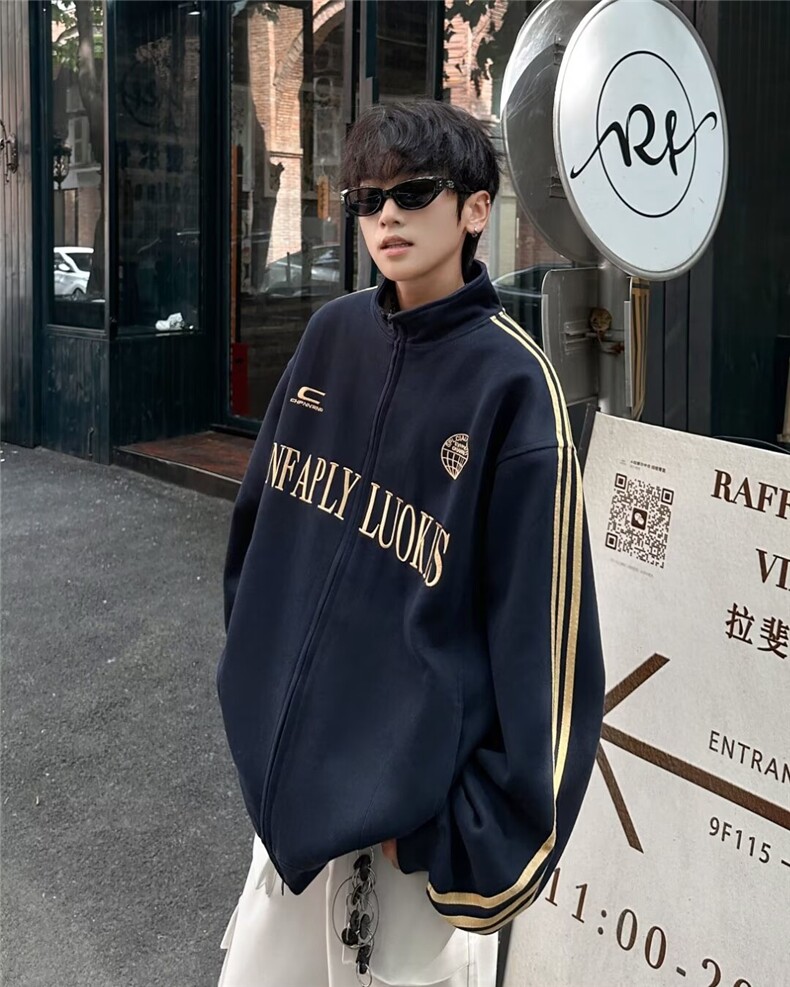 WJ9806-P53立领开衫卫衣男秋季潮牌刺绣夹克休闲运动情侣外套上衣图片