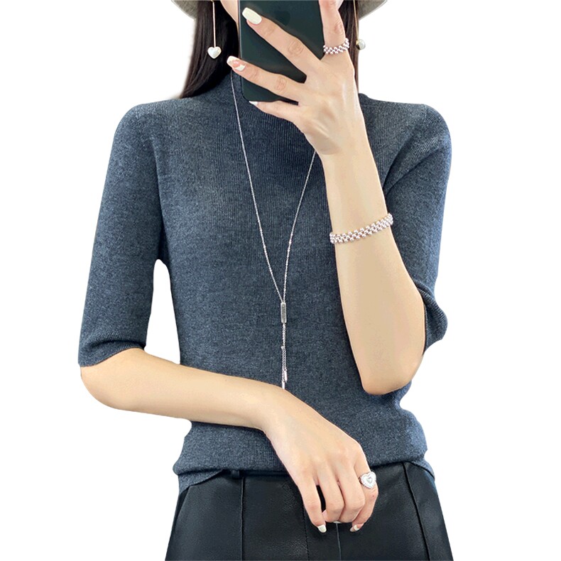 无缝精纺修身短袖立领紧身弹力t恤女2025秋季针织打底衫毛衣内搭,针织衫/毛衣,暖烁羊绒
