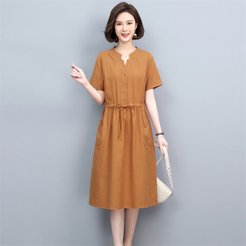 棉麻连衣裙女2025年夏季新款气质减龄收腰显瘦中年妈妈亚麻中长裙,女装连衣裙,忆绮罗