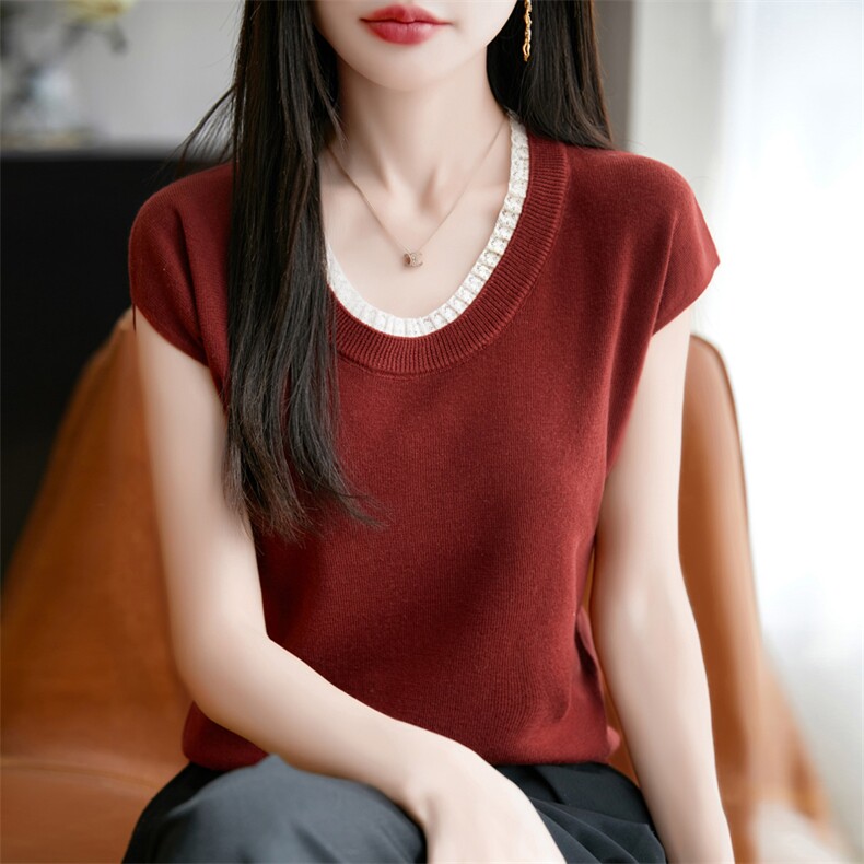夏季新款精纺羊毛针织短袖T恤女圆领拼色蕾丝花边上衣宽松打底衫,针织衫/毛衣,九嘉羊绒