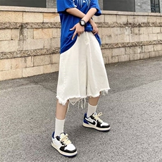 嘻哈复古夏季五分裤毛边水洗牛仔裤宽松直筒短裤男女同款裤子，男装牛仔裤，星座410-6（原星座1304-1）