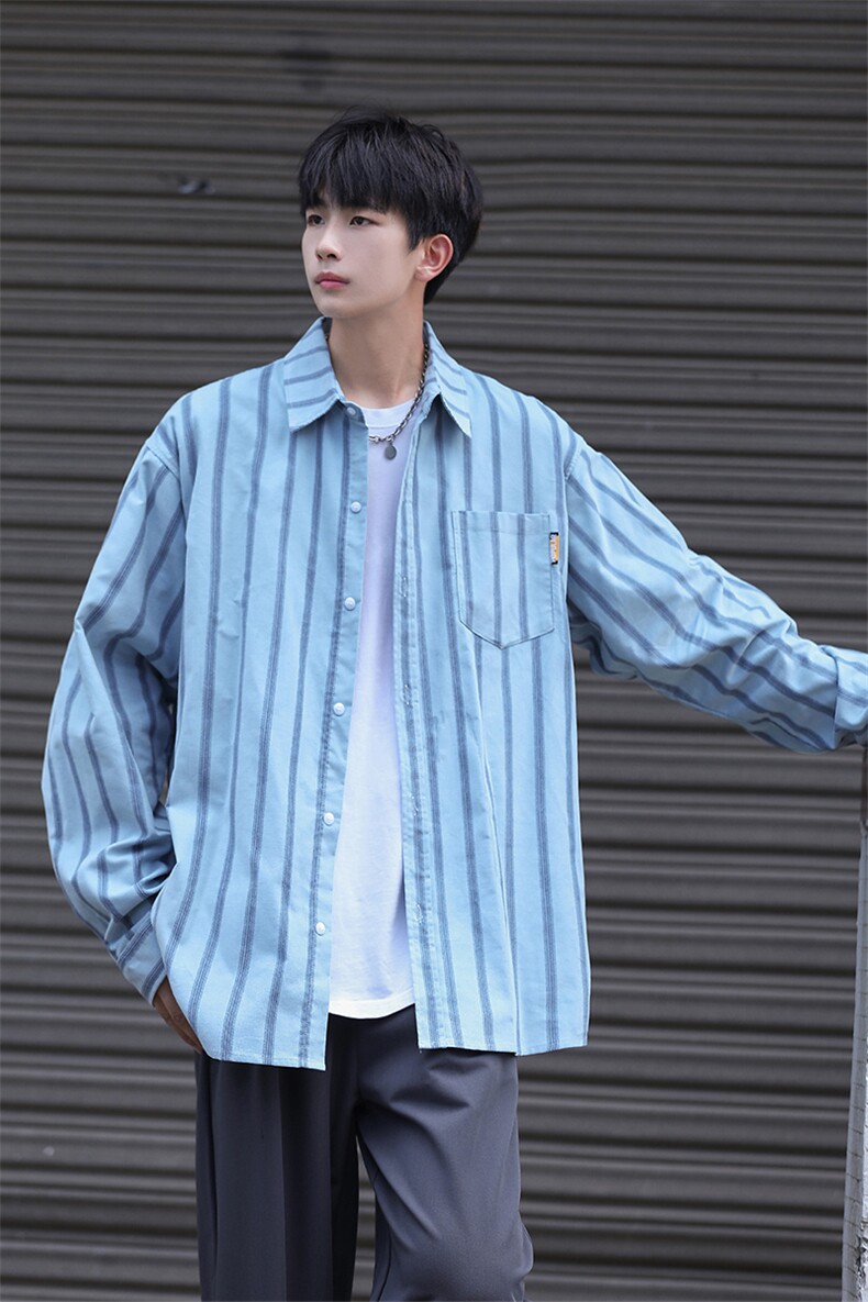 春秋灯芯绒条纹衬衫男日系宽松衬衣长袖港风外套CS7213P50控78,男装衬衫,电商B413-1
