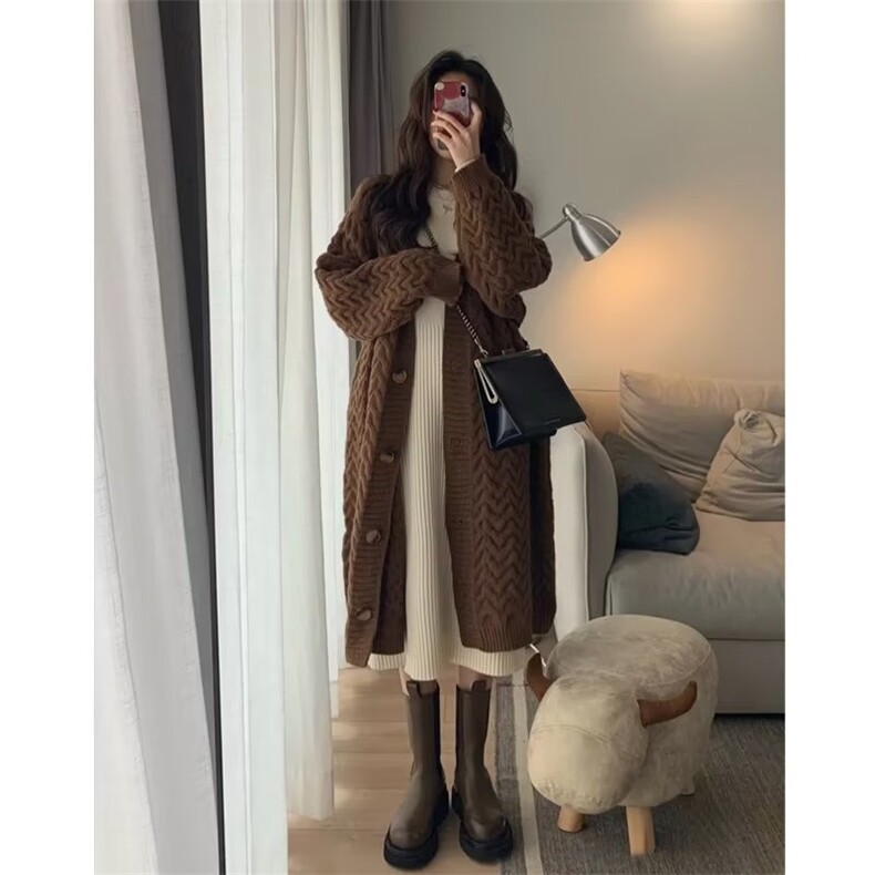 慵懒风纯色中长款毛衣开衫女春秋冬小众设计感过膝针织衫宽松外套图片