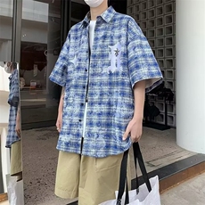 格子短袖衬衫男夏季日系复古宽松休闲五分袖衬衣美式高街潮牌外套，男装衬衫，星座1013