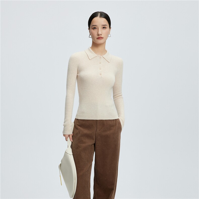 2025舒适百搭秋冬新款polo纽扣长袖打底修身,女装羊绒衫,玛卡隆羊绒