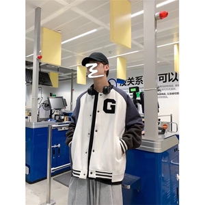 棒球领夹克呢子料上衣外套棒球服M--XXL 白色 J624图片