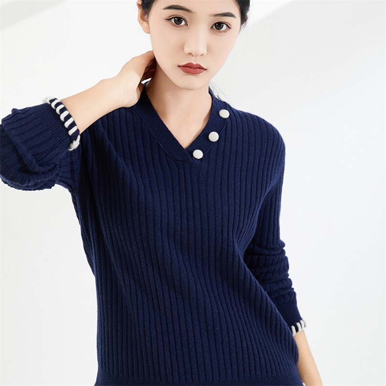 鄂家同款纯山山女宽松勾边v领抽条套头打底针织衫,女装羊毛衫,奢优羊绒