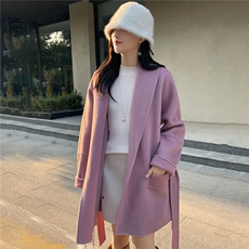 2025年秋季新款百搭女士带兜系带POLO领长袖中长款大衣，女装双面呢大衣，召鑫羊绒双面呢