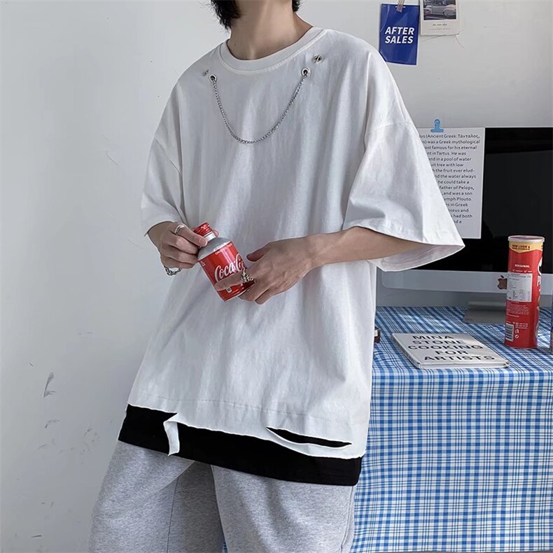 港风潮流宽松破洞链条短袖t恤假两件ins港风百搭短袖男T965-P27,男装T恤,星座512-3