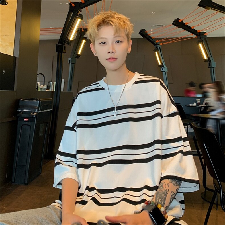 C473-P38夏季新款日系条纹短袖T恤男潮牌宽松圆领半袖上衣现货,男装T恤,星座512-6