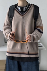21秋装港风针织衫V领长袖毛衣DK宽松制服学生慵懒风中性W08/P65，男装针织衫/毛衣，钱塘713