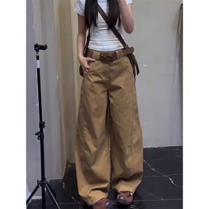弯刀休闲裤男女韩版潮流卡其色阔腿裤2025夏季ins长裤K6222-P55,刘雯的卡其色风衣的搭配图片