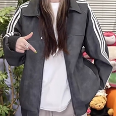美式复古条纹夹克男女秋季情侣宽松高级感皮衣外套潮LHT1166-P69，男装皮衣，星座1008