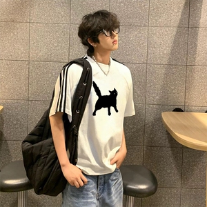 抖音得物高品质二开240克宽松纯棉美式潮牌三条杠织带短袖T恤图片