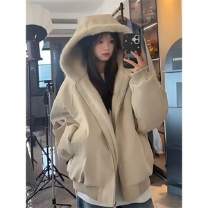 网络图J9012、P85原版高质量pu皮全兔绒棉服黑色杏色M-2XL图片