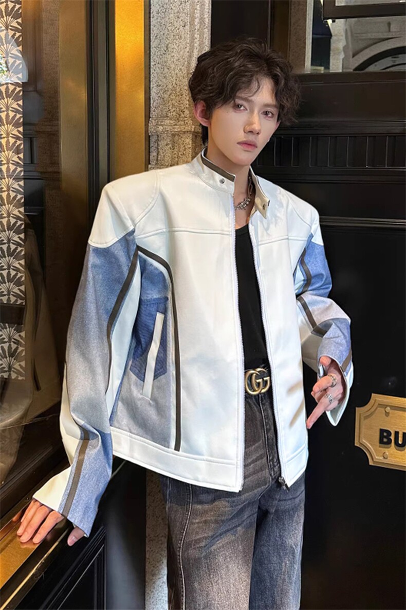 立领拼接赛车服皮夹克垫肩PU皮衣外套JK8571特P74,男装皮衣,星座908-1