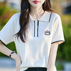 2025年夏季刺绣翻领POLO衫日常通勤穿搭五分袖，女装T恤，佰米娇羊绒