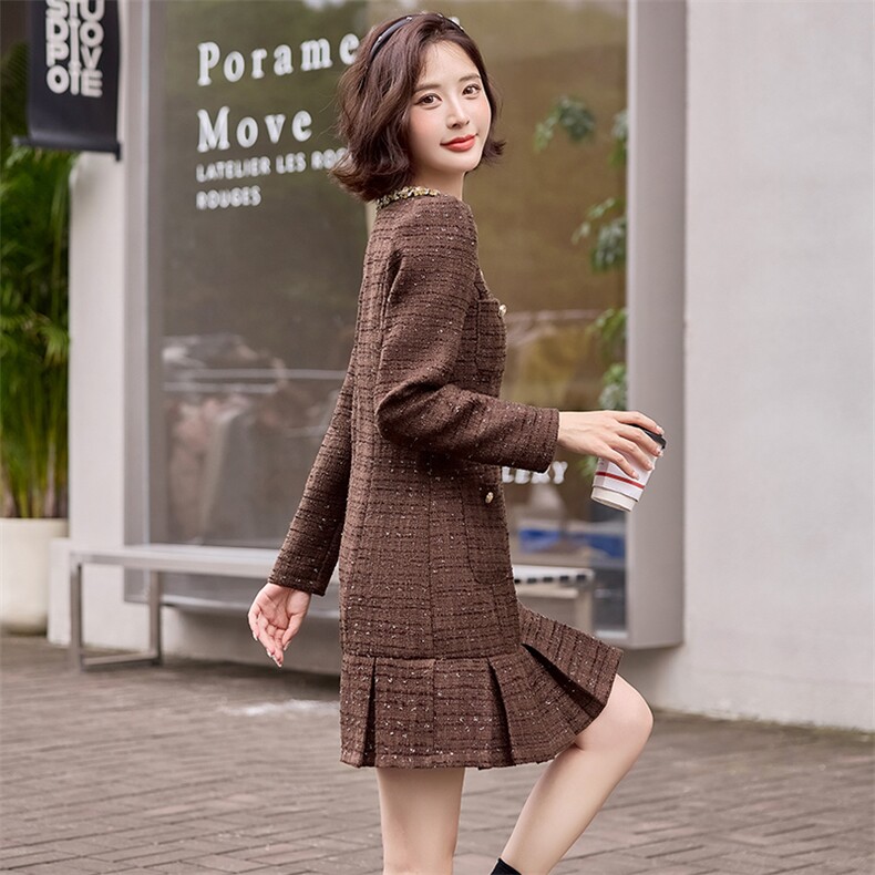 2025春秋装新款圆领单排扣长袖时尚休闲短款连衣裙,女装连衣裙,天丝秀
