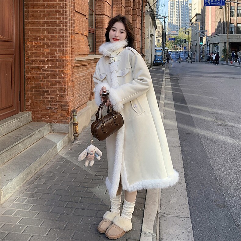 皮毛一体羊羔毛毛呢外套女中长款棉服长款2C133-963-P235-K338，女装毛呢外套，2C133