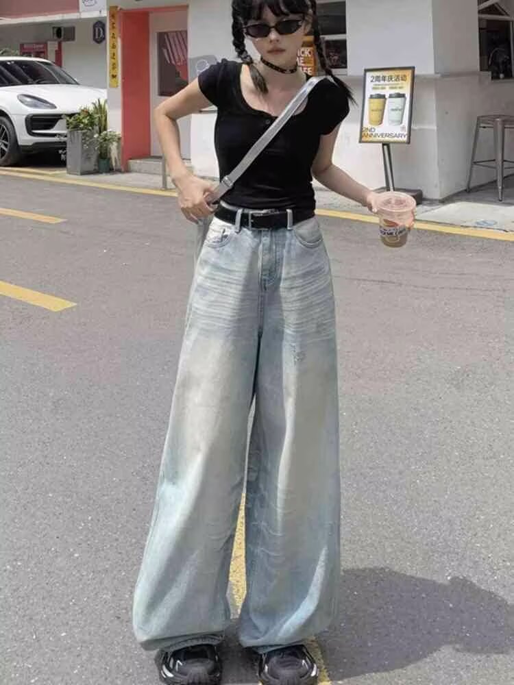 美式复古水洗浅蓝牛仔裤男夏季薄款弯刀宽松阔腿直筒痞帅拖地裤子,男装牛仔裤,四季星座505